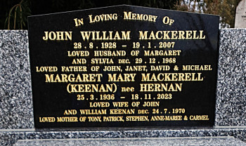 Headstone for Margaret Mary MACKERELL, Winton Cemetery, Victoria Margaret Mary MACKERELL - Winton Cemetery